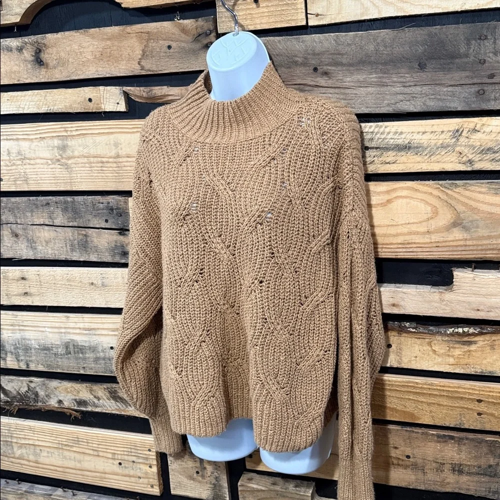 American Eagle Tan‎ Mock Neck Cable Knit Cropped Sweater Minimalist Boxy Size L